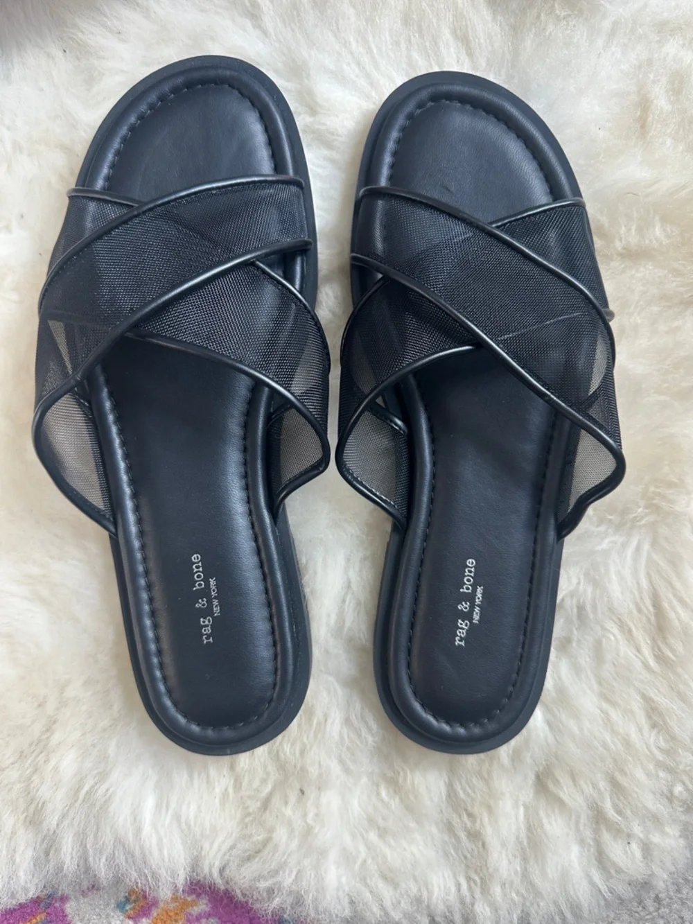 Rag & Bone Geo Mesh Cross Strap Sandals Black Slide Leather Trim Cushioned NEW